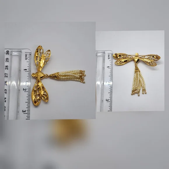 Avon Dragon Fly Gold & Faux Pearl Brooch Pendant - Picture 17 of 17